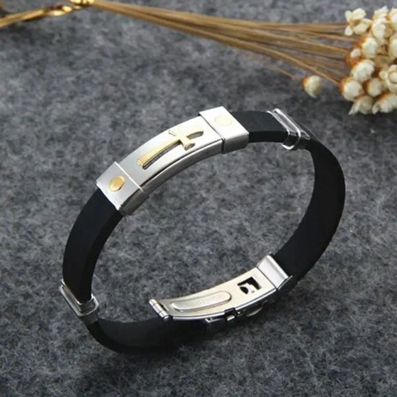 🧑🏻‍🦱OS5🧑🏻‍🦱 Gorgeous Black Silicone Titanium Mens Unisex Bracelet - Picture 5 of 14